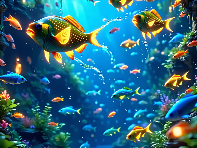 Đồ họa game bắn cá sống động với nhiều loài cá màu sắc và hiệu ứng nước