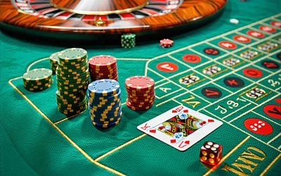 Bàn roulette và chip casino lấp lánh, tượng trưng cho sòng bạc trực tuyến 123WIN