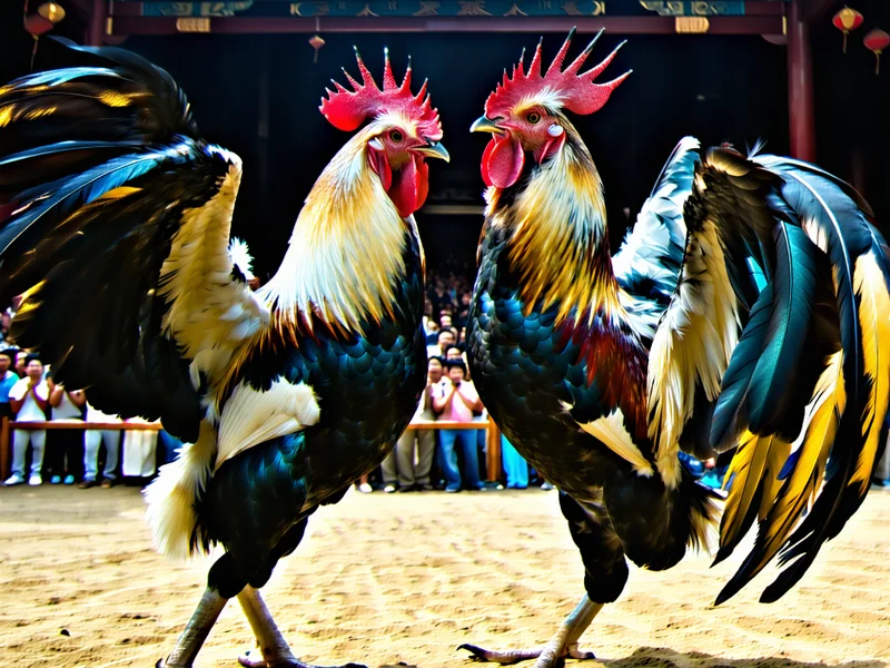Hình ảnh hai chú gà chọi đang đá nhau trên sàn đấu, không khí căng thẳng và khán giả cổ vũ tại 123WIN.
